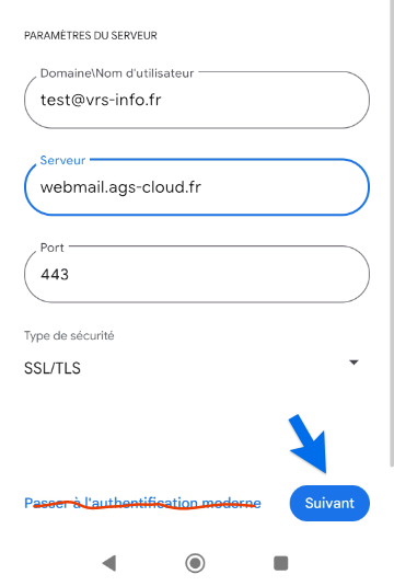 écran de configuration app Gmail sur Android pour Zimbra étape 4 (suite)