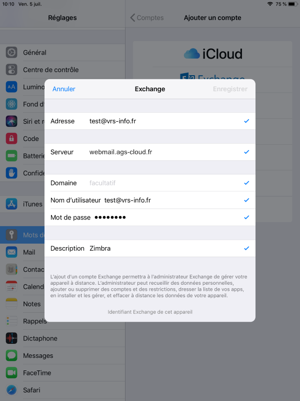 écran de configuration Zimbra sur iOS étape 10 (suite)
