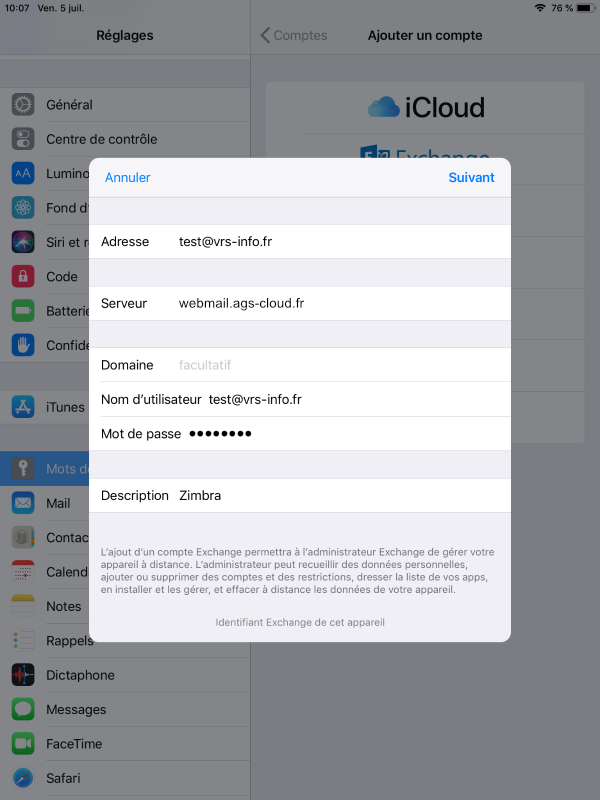 écran de configuration Zimbra sur iOS étape 9
